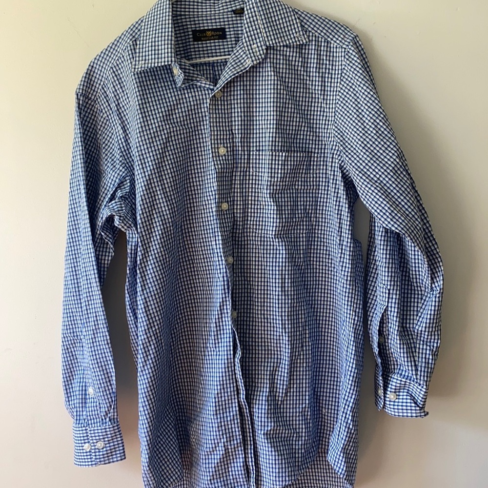Club Room Men's Regular Fit Blue Plaid Cotton Dress Shirt Medium